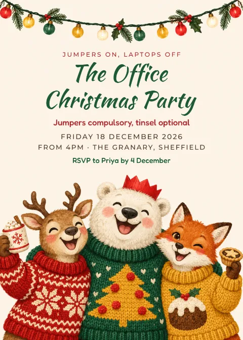 Jumper friends – office Christmas party invitation: printable design preview