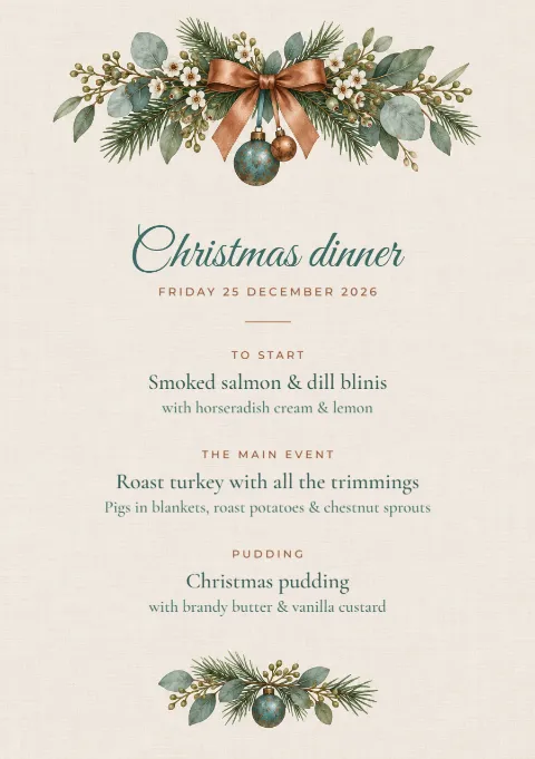 Patina & copper – Christmas dinner menu: printable design preview