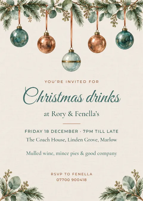 Patina & copper – Christmas drinks invitation: printable design preview