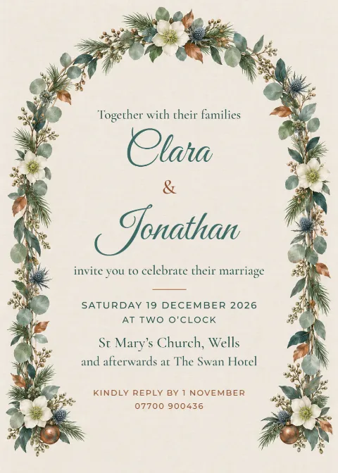Patina & copper – winter wedding invitation: printable design preview
