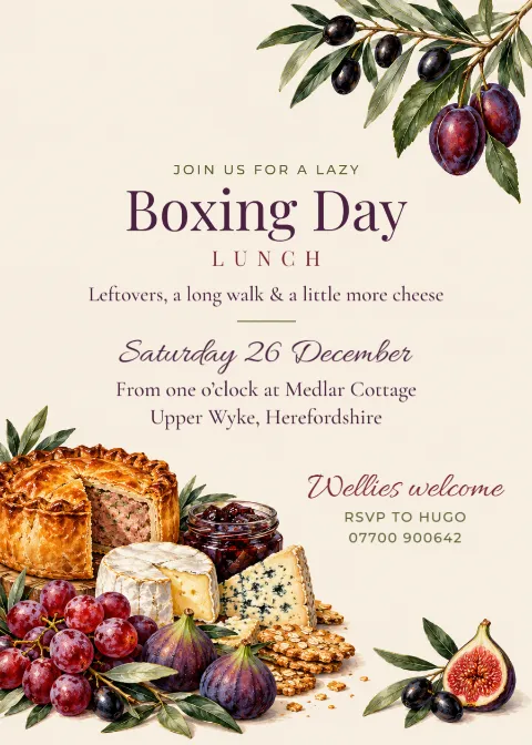 Plum and olive – Boxing Day lunch invitation: printable design preview