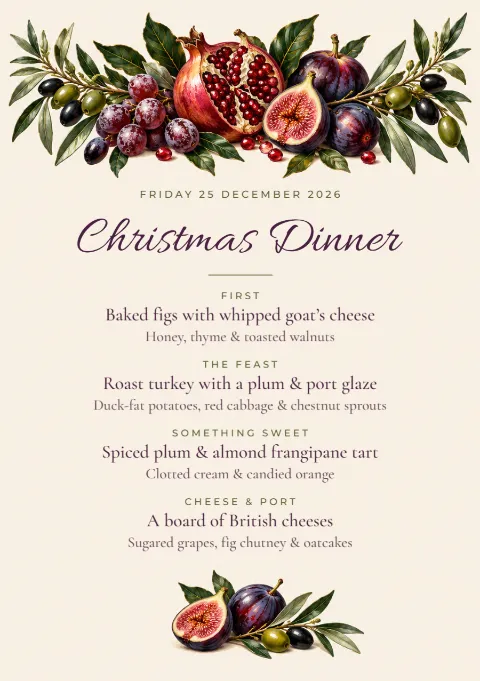 Plum and olive – Christmas dinner menu: printable design preview