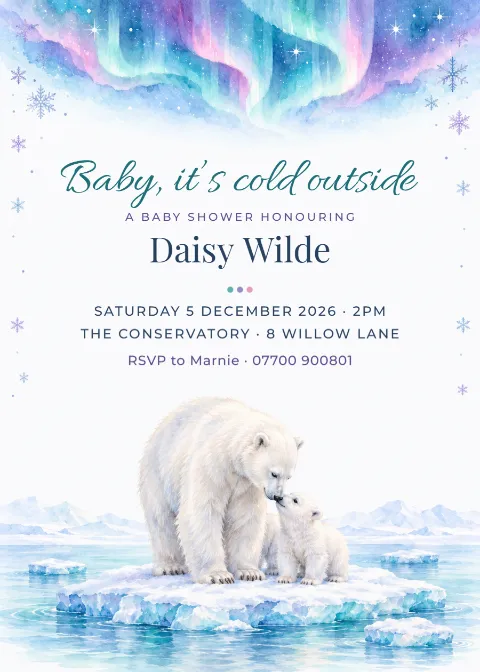 Polar bears & northern lights – baby shower invitation: printable design preview