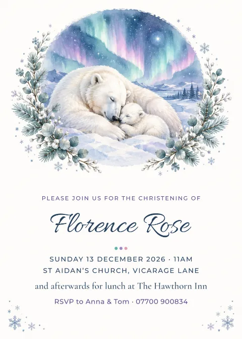 Polar bears & northern lights – christening invitation: printable design preview