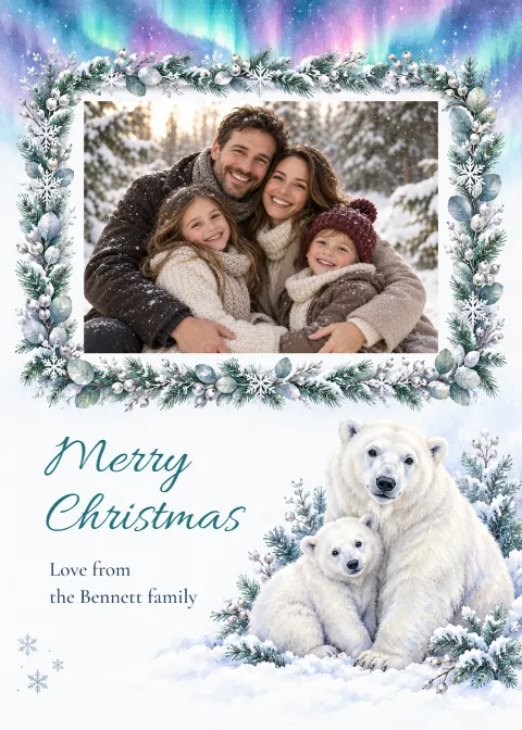 Polar bears & northern lights – photo Christmas card: printable design preview