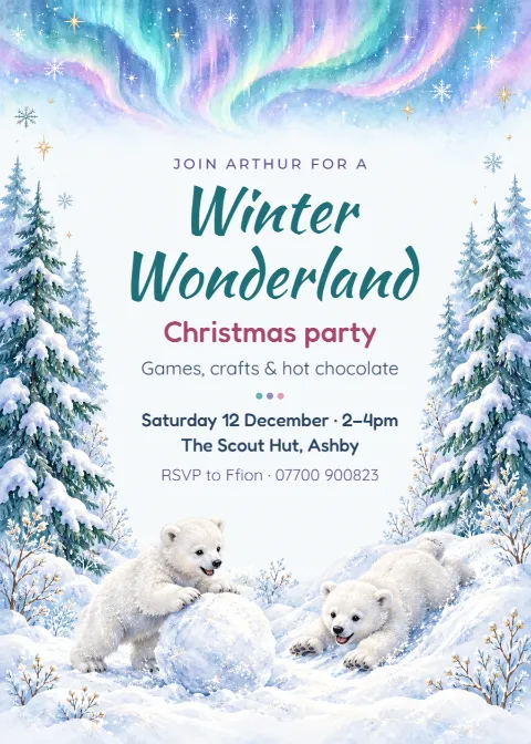 Polar bear cubs – winter wonderland party invitation: printable design preview