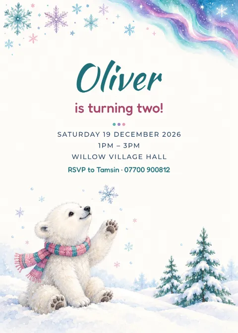 Polar bear cub – Christmas second birthday invitation: printable design preview