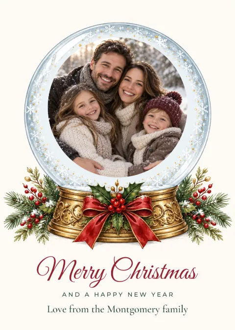 Snow globe – family photo Christmas card: printable design preview