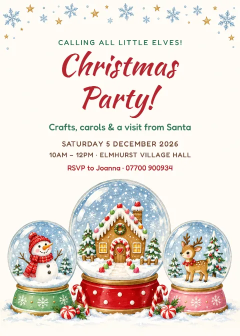 Snow globe – children’s Christmas party invitation: printable design preview