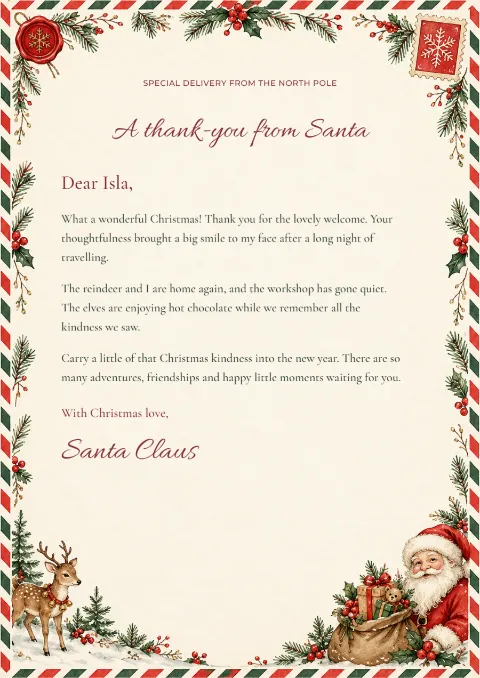 Thank-you post – Santa thank-you letter: printable design preview