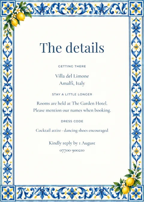 Citrus riviera – wedding details card: printable design preview