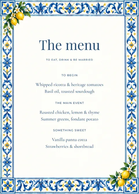 Citrus riviera – wedding menu: printable design preview