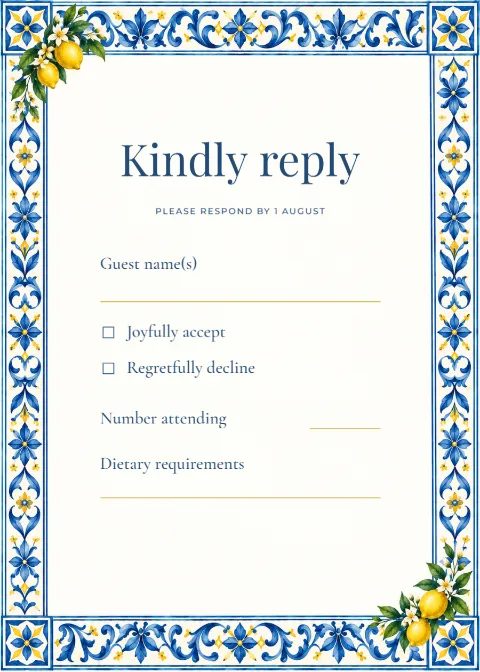 Citrus riviera – RSVP reply card: printable design preview