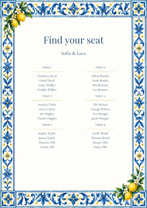 Citrus riviera – seating plan: printable design preview
