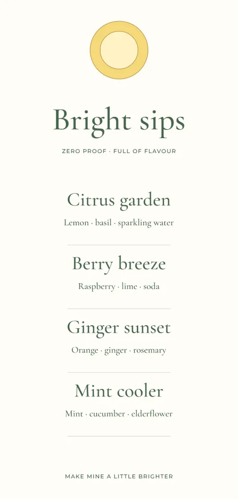 Bright sips – alcohol-free drinks menu: printable design preview
