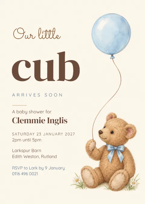 Cocoa teddy – baby shower invitation: printable design preview