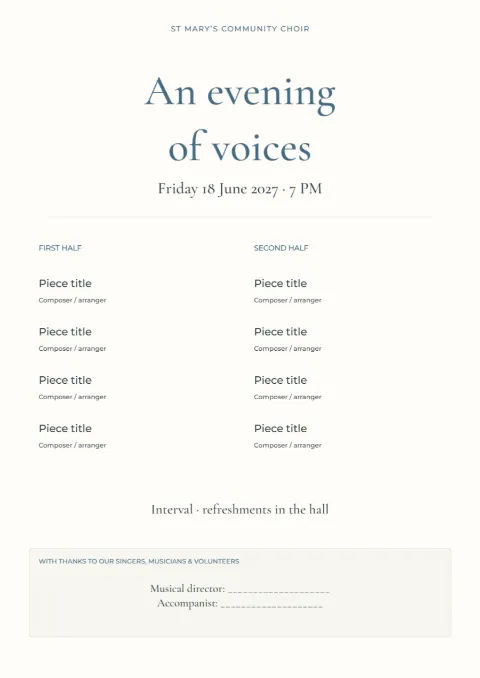 An evening of voices – choir programme: printable design preview