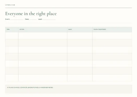 Everyone in the right place – event run sheet: printable design preview