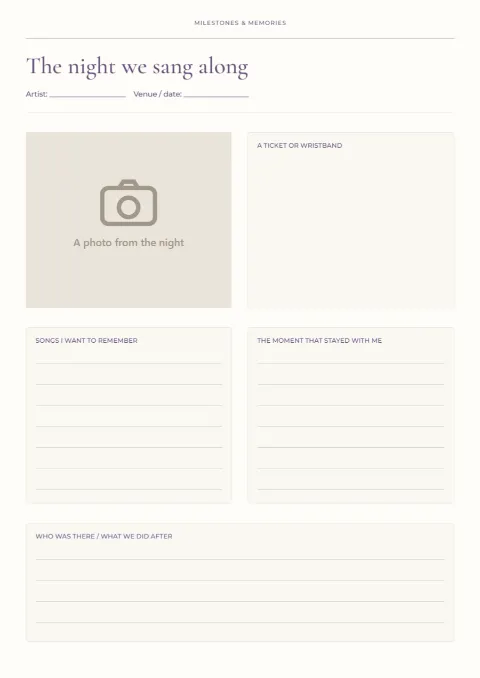 The night we sang along – concert journal: printable design preview