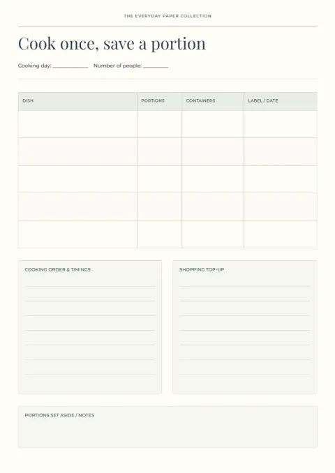 Cook once, save a portion – batch plan: printable design preview