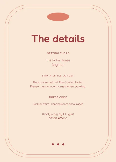 Coral retro – wedding details card: printable design preview