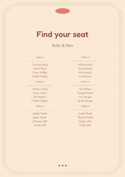 Coral retro – seating plan: printable design preview