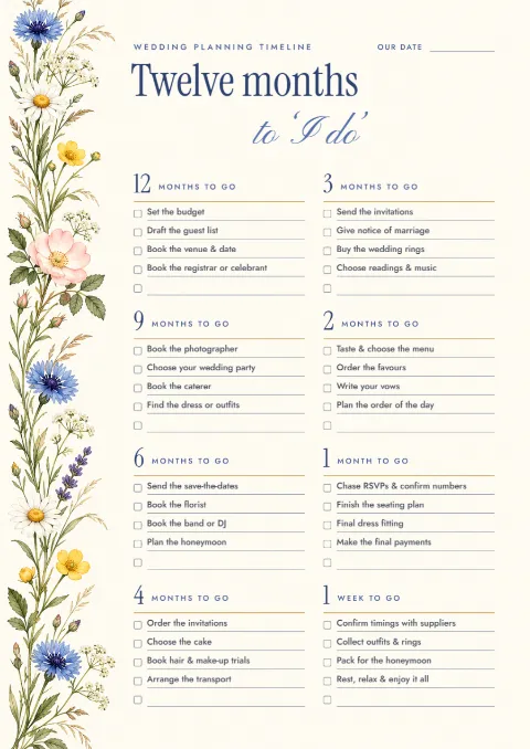 Cotswold wildflower – wedding planning timeline: printable design preview