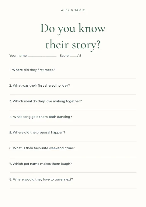 How well do you know their story? – couple quiz: printable design preview