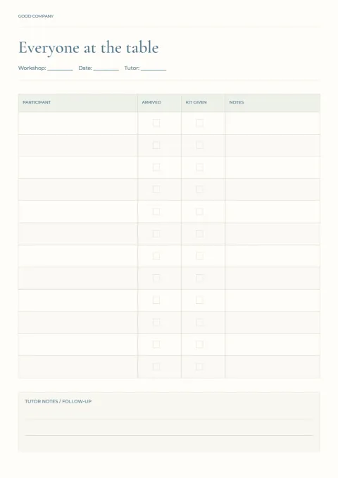 Everyone at the table – workshop attendance: printable design preview