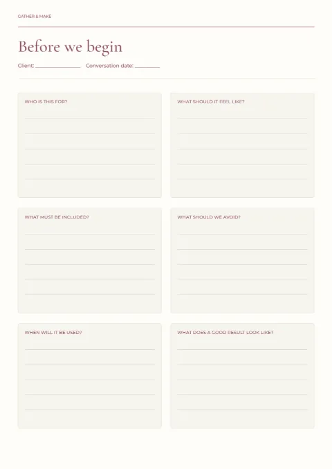 Before we begin – creative project conversation: printable design preview