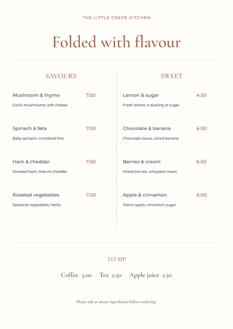 Folded with flavour – crêpe café menu: printable design preview