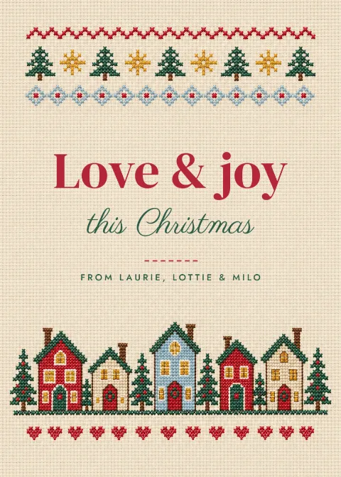 Cross-stitch Christmas – stitched village card: printable design preview