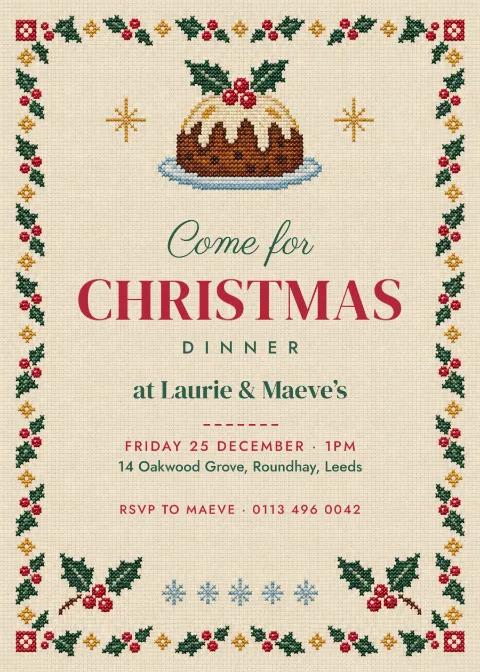Cross-stitch Christmas – Christmas dinner invitation: printable design preview