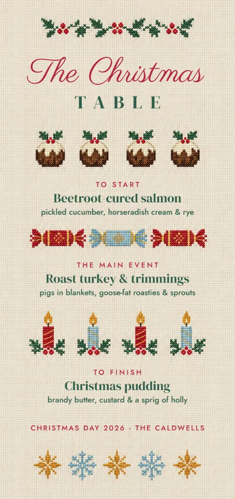 Cross-stitch Christmas – Christmas dinner menu: printable design preview