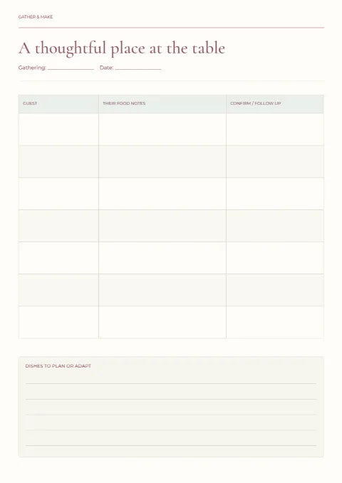 A thoughtful place at the table – guest food notes: printable design preview