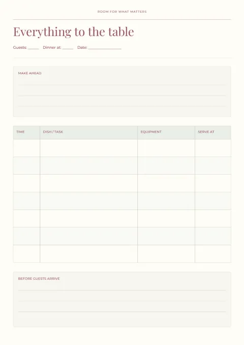 Everything to the table – hosting timeline: printable design preview