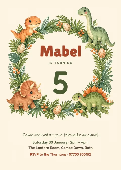 Dino dig – dinosaur wreath fifth birthday invitation: printable design preview