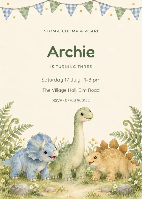 Stomp, chomp & roar – third birthday: printable design preview