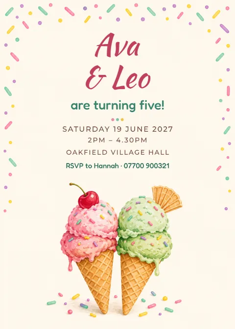Double scoop – twins birthday invitation: printable design preview