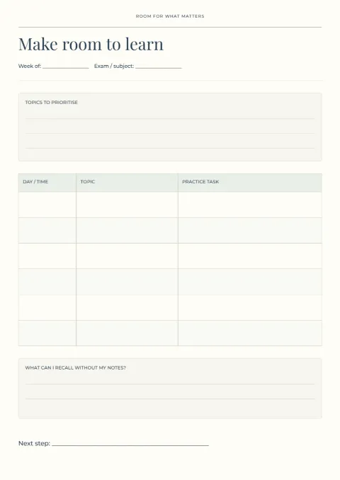 Make room to learn – revision planner: printable design preview