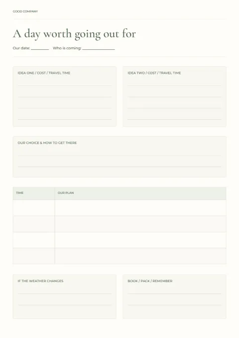 A day worth going out for – trip planner: printable design preview