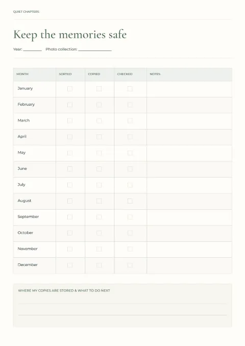 Keep the memories safe – photo backup log: printable design preview