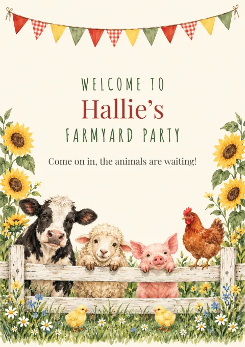 Farmyard – birthday party welcome sign: printable design preview