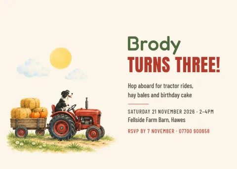 Farmyard tractor – autumn third birthday invitation: printable design preview