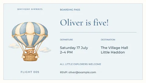 Flight five – balloon birthday boarding pass: printable design preview