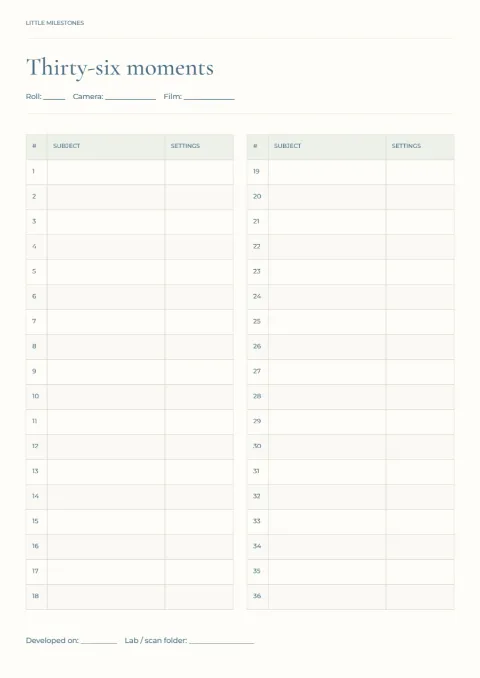 Thirty-six moments – film roll log: printable design preview