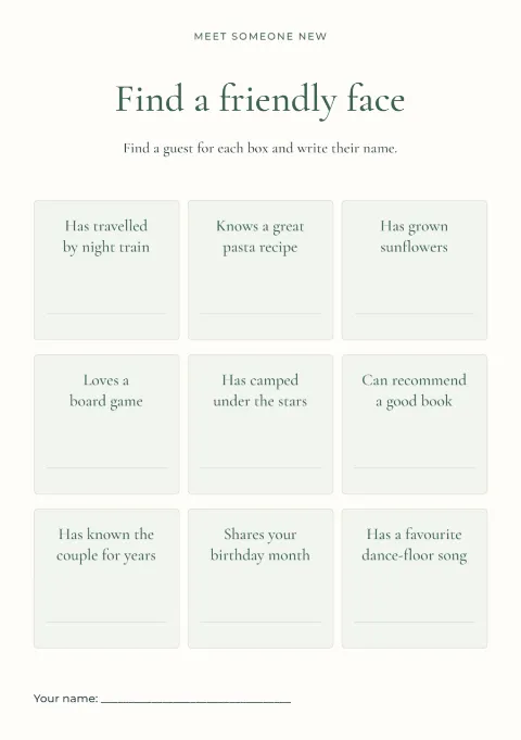 Find a friendly face – shower icebreaker: printable design preview