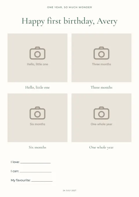 One year, so much wonder – birthday photo board: printable design preview