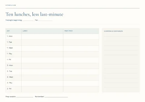 Ten lunches, less last-minute – work lunch plan: printable design preview