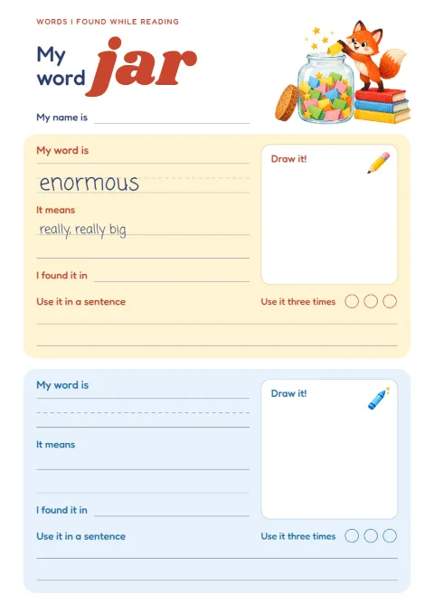 Fox & word jar – children’s word collector: printable design preview